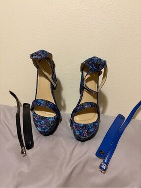 Blue Floral Ankle-Strap Platform Heels with Buckle